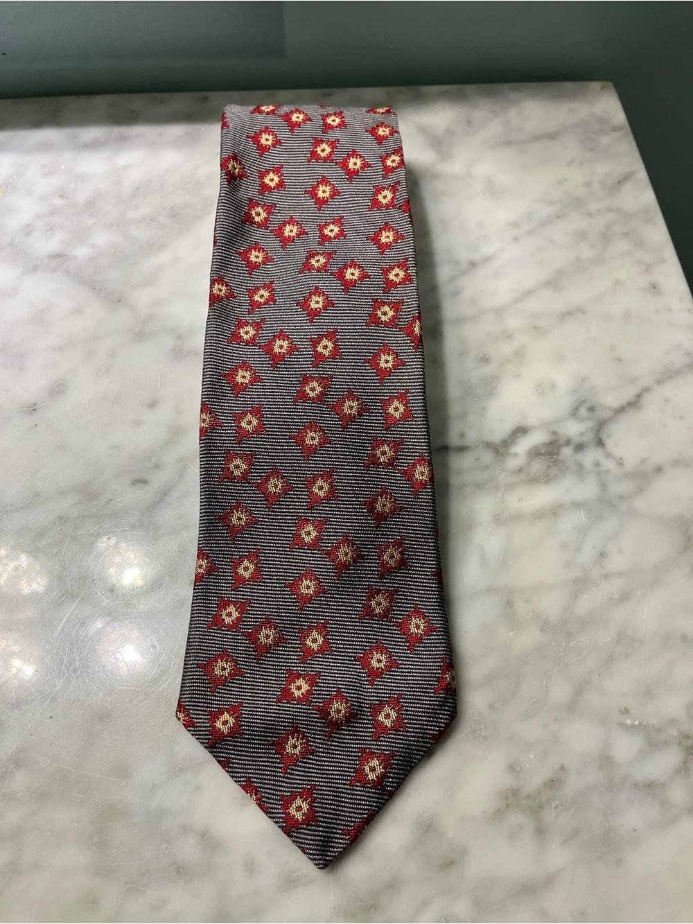 Brooks Brothers Gray Tie with Red and Gold Medallions